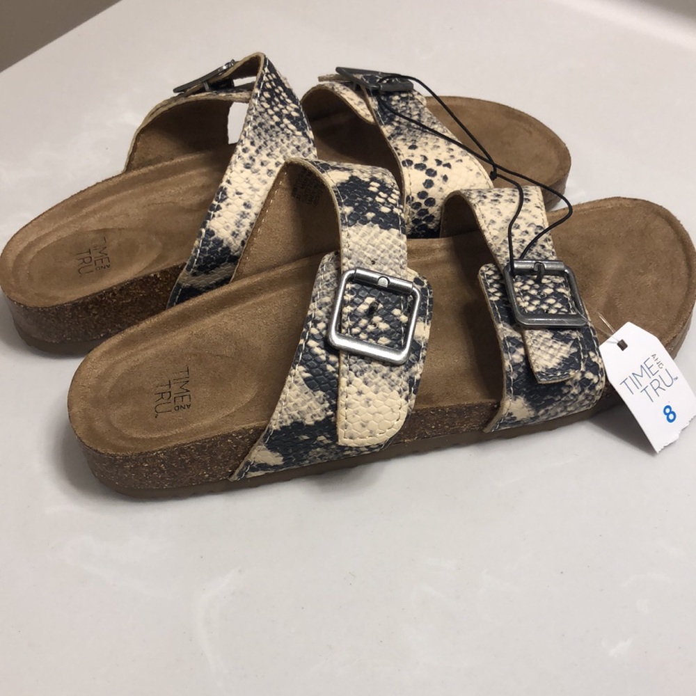 Time and Tru Cream and Black Snake Print Buckle Sandals